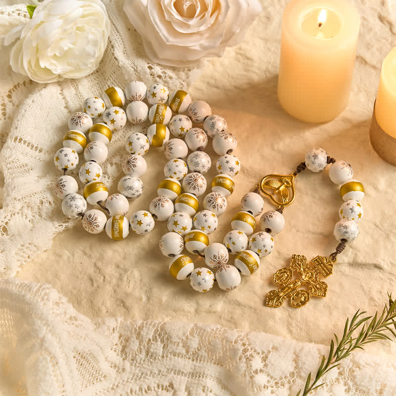 White & Golden Snowflake & Star Wooden Bead Rosary with Holy Spirit Heart Medal & Golden Crucifix