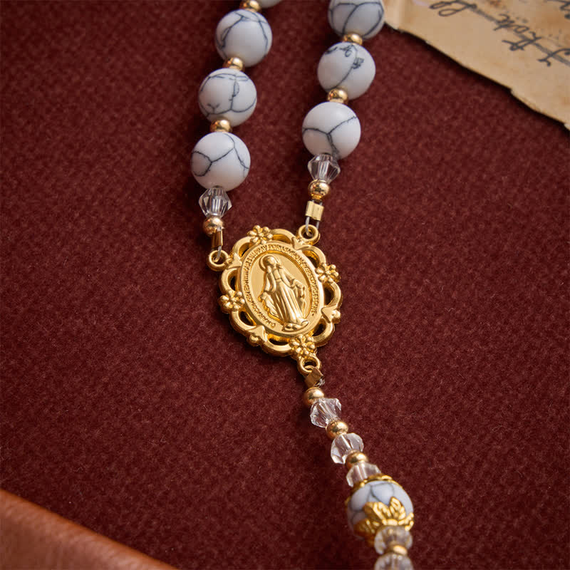 White Veined Howlite Stone Rosary With Our Lady Medal & Golden Crucifix