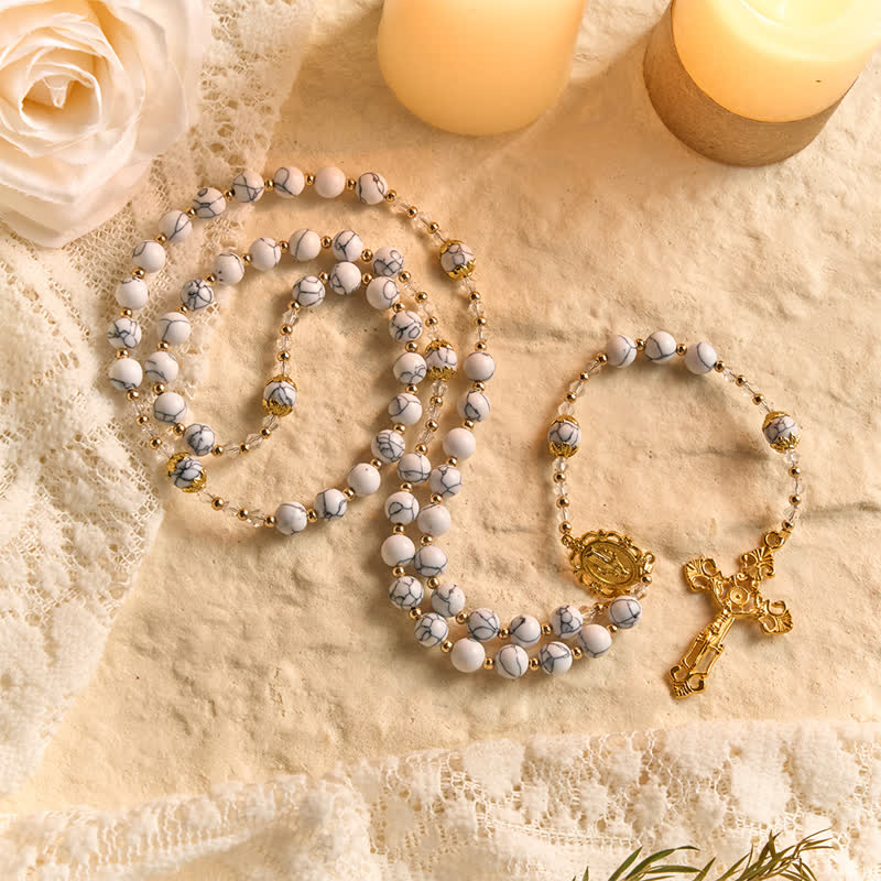 White Veined Howlite Stone Rosary With Our Lady Medal & Golden Crucifix