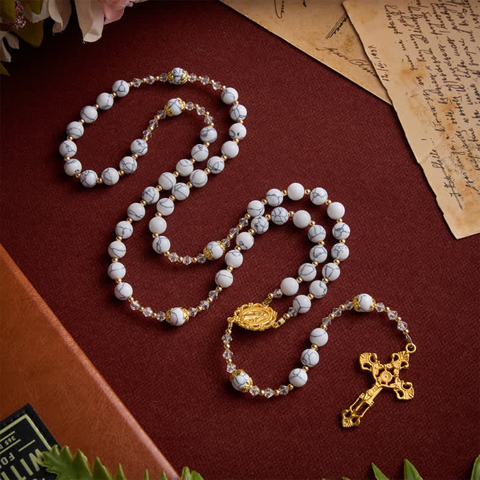 White Veined Howlite Stone Rosary With Our Lady Medal & Golden Crucifix