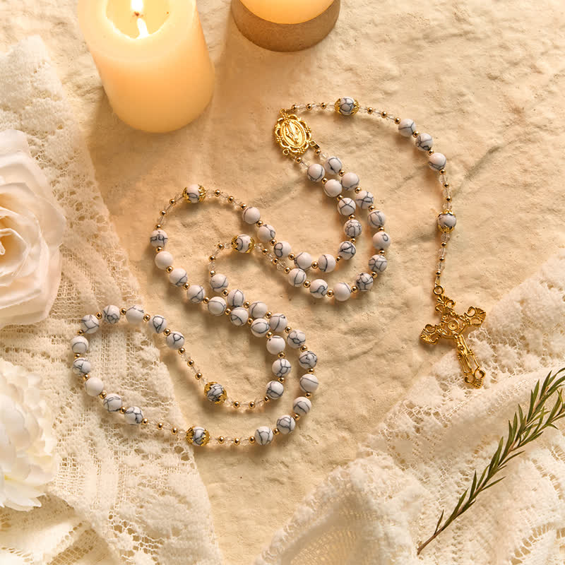 White Veined Howlite Stone Rosary With Our Lady Medal & Golden Crucifix