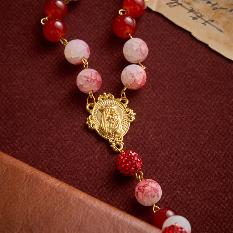 Festive Red & Frosted Crackle Glass Rosary With Our Lady Medal & Red Crucifix
