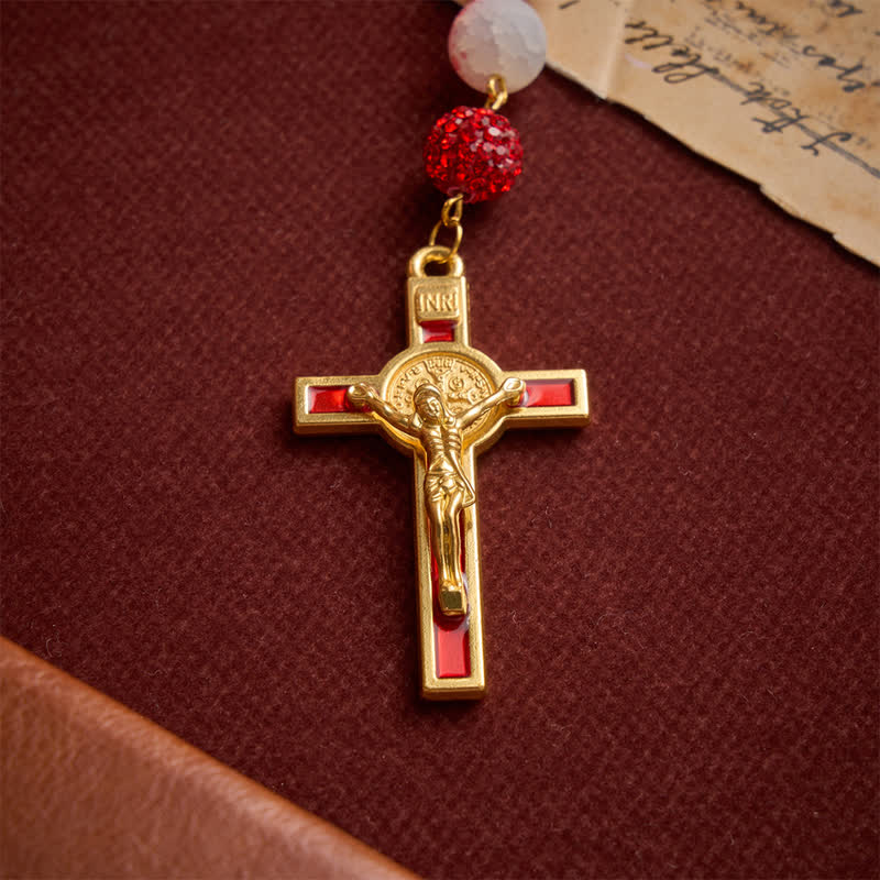 Festive Red & Frosted Crackle Glass Rosary With Our Lady Medal & Red Crucifix