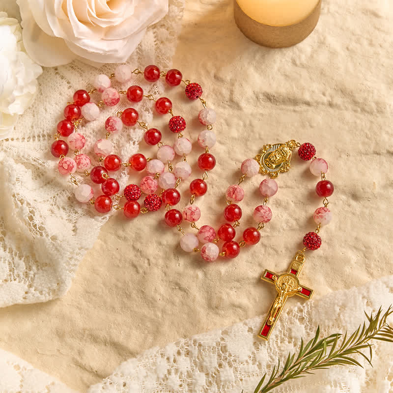 Festive Red & Frosted Crackle Glass Rosary With Our Lady Medal & Red Crucifix