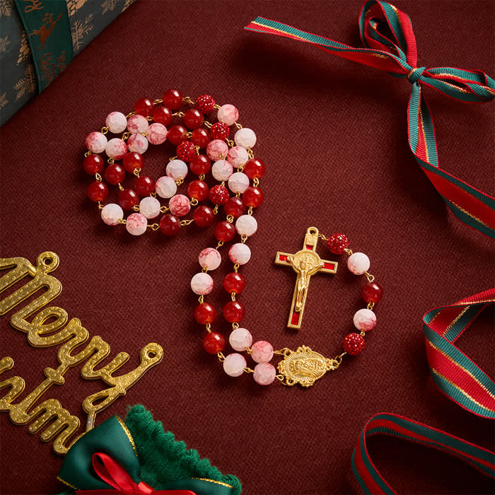 Festive Red & Frosted Crackle Glass Rosary With Our Lady Medal & Red Crucifix