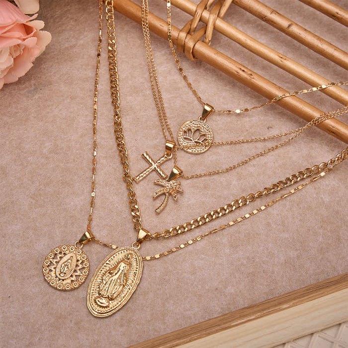 Ornate Jeweled Our Lady & Cross Layered Necklace: Token of Divine Guardianship