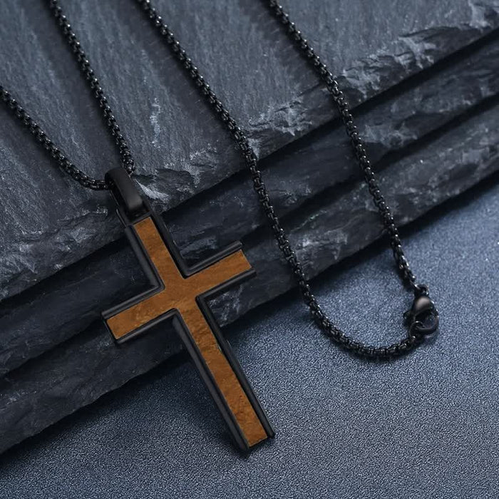 Sturdy Zinc Alloy Wood Cross Necklace: Heavenly Reminder for Daily Wear