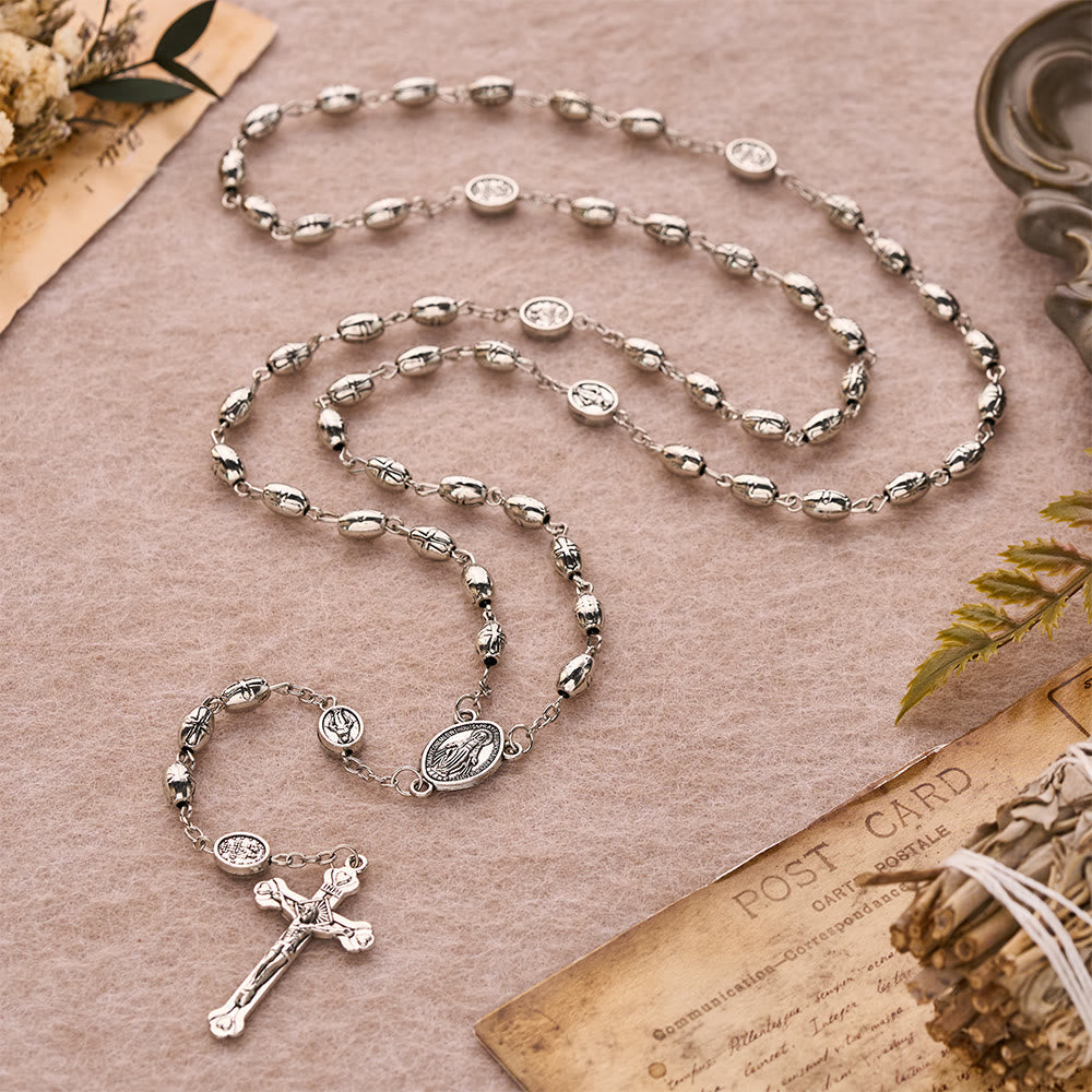 Embossed Alloy Rosary With Our Lady Miraculous Medal & Sacred Crucifix
