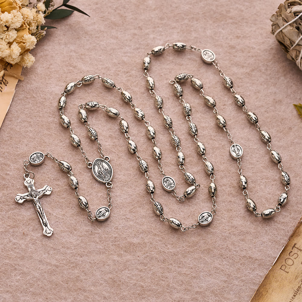 Embossed Alloy Rosary With Our Lady Miraculous Medal & Sacred Crucifix