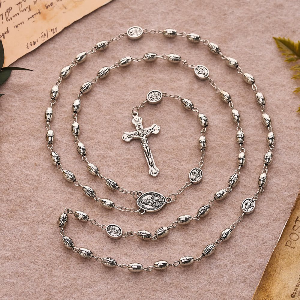 Embossed Alloy Rosary With Our Lady Miraculous Medal & Sacred Crucifix