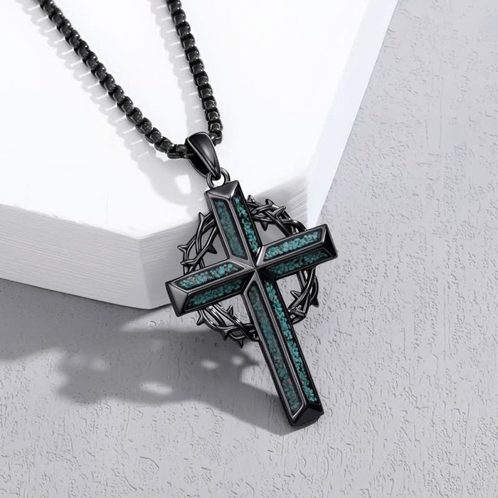Textured Chip Stone Thorn Wreath Cross Necklace: Mark of Unwavering Hope