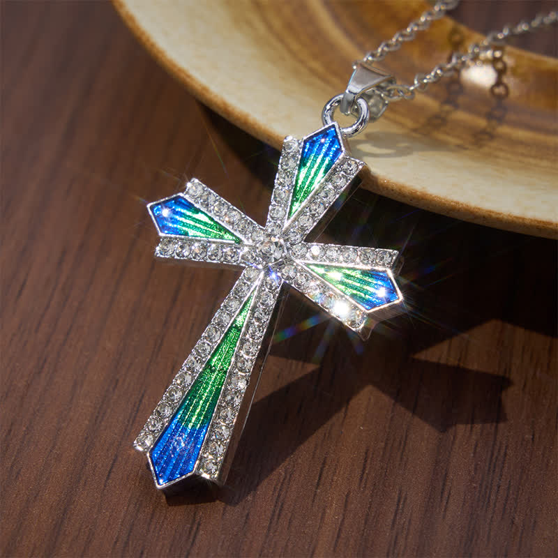 Iridescent Texture Rhinestone Alloy Cross Pendant Necklace