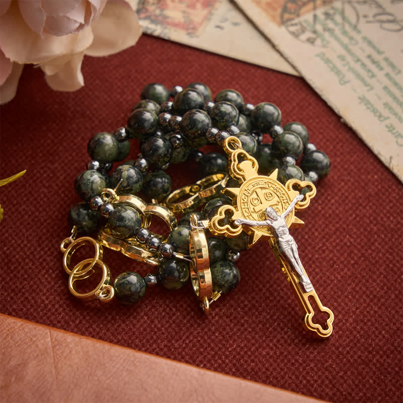 Forest Green Stone Bead Rosary with Sacred Double-Ring Links: Emblem of Marian Grace