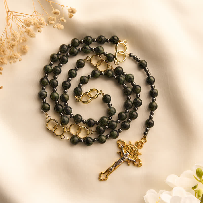 Forest Green Stone Bead Rosary with Sacred Double-Ring Links: Emblem of Marian Grace