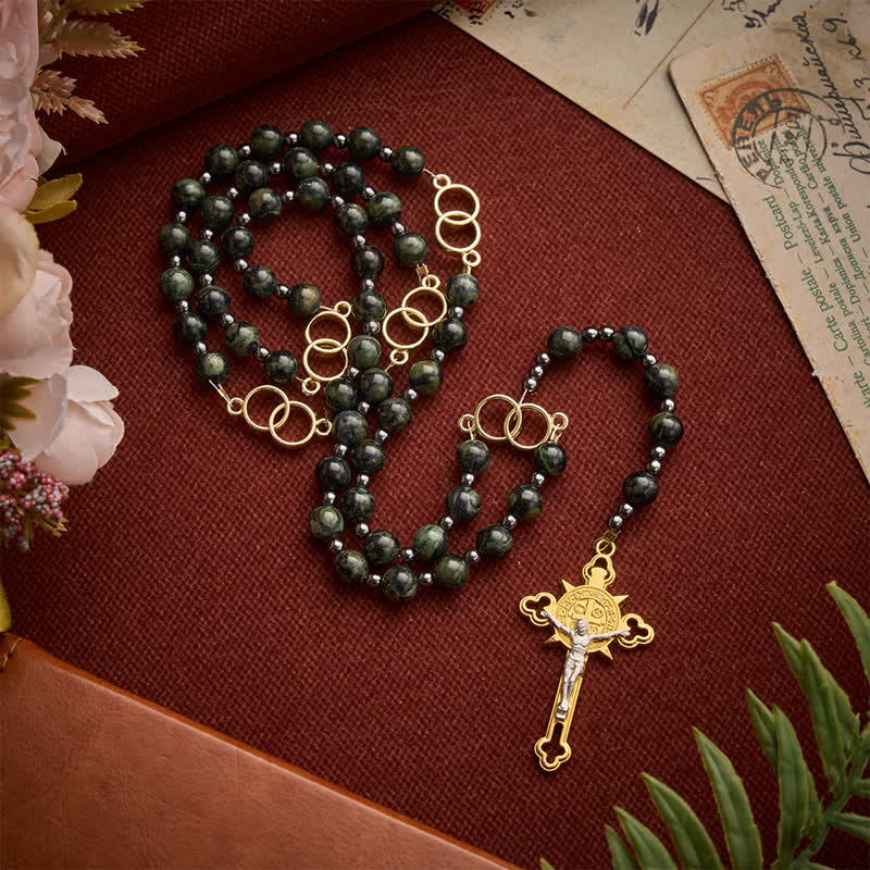 Forest Green Stone Bead Rosary with Sacred Double-Ring Links: Emblem of Marian Grace