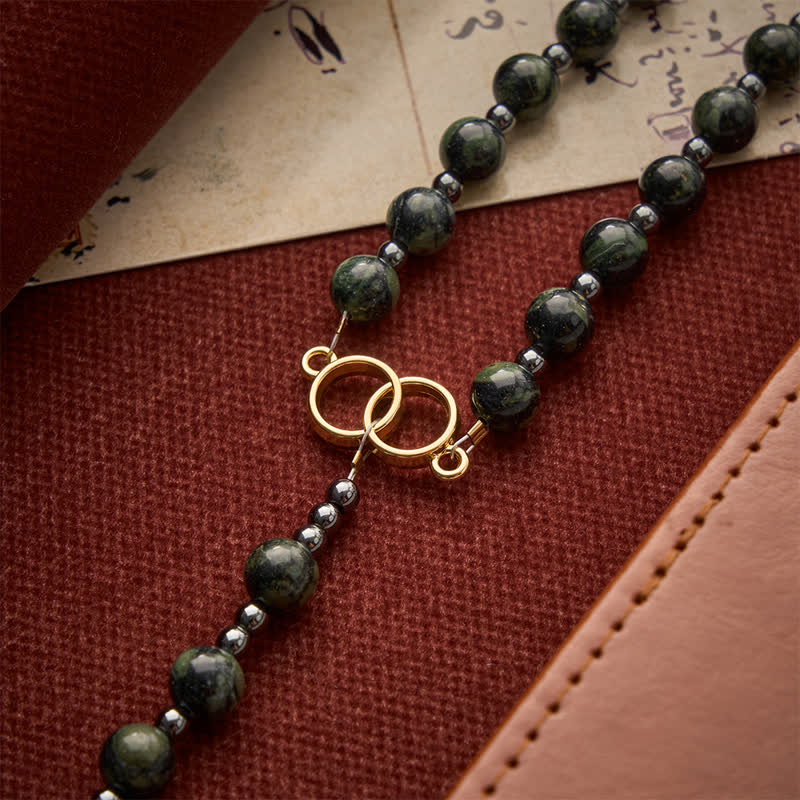 Forest Green Stone Bead Rosary with Sacred Double-Ring Links: Emblem of Marian Grace