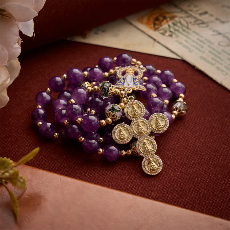 Rich Violet Glass Prayer Rosary with Floral Accent Beads & Our Lady of Aparecida Charm