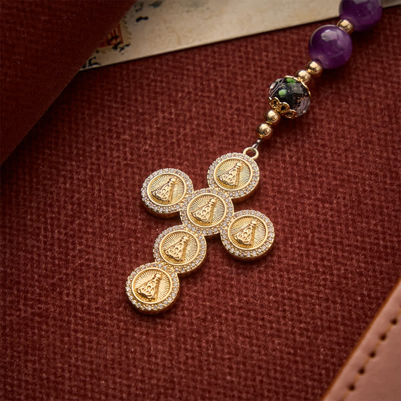 Rich Violet Glass Prayer Rosary with Floral Accent Beads & Our Lady of Aparecida Charm