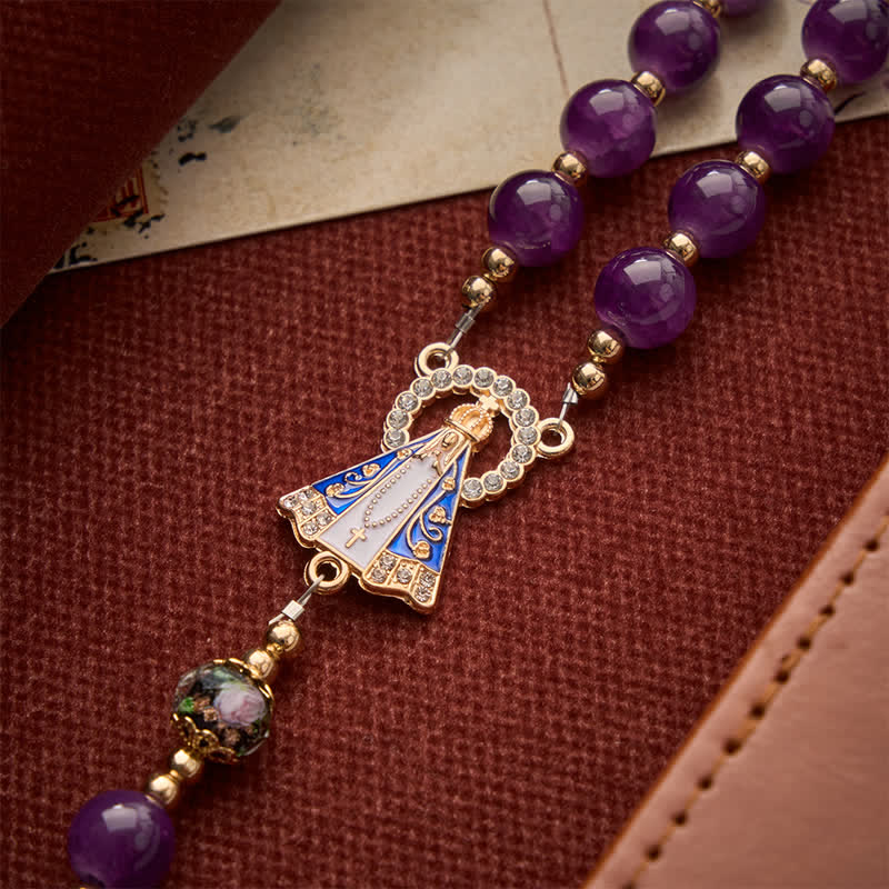 Rich Violet Glass Prayer Rosary with Floral Accent Beads & Our Lady of Aparecida Charm