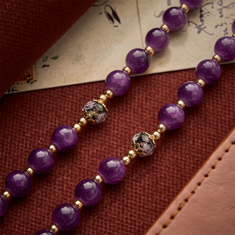 Rich Violet Glass Prayer Rosary with Floral Accent Beads & Our Lady of Aparecida Charm