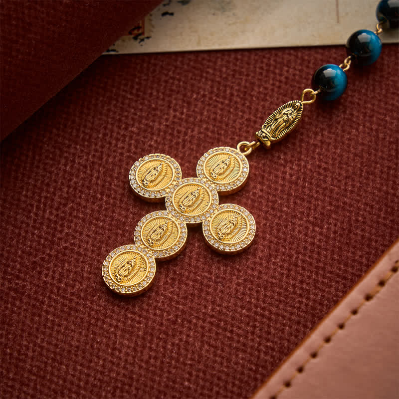 Deep Blue Tiger Eye Prayer Rosary with Our Lady of Guadalupe Medallions