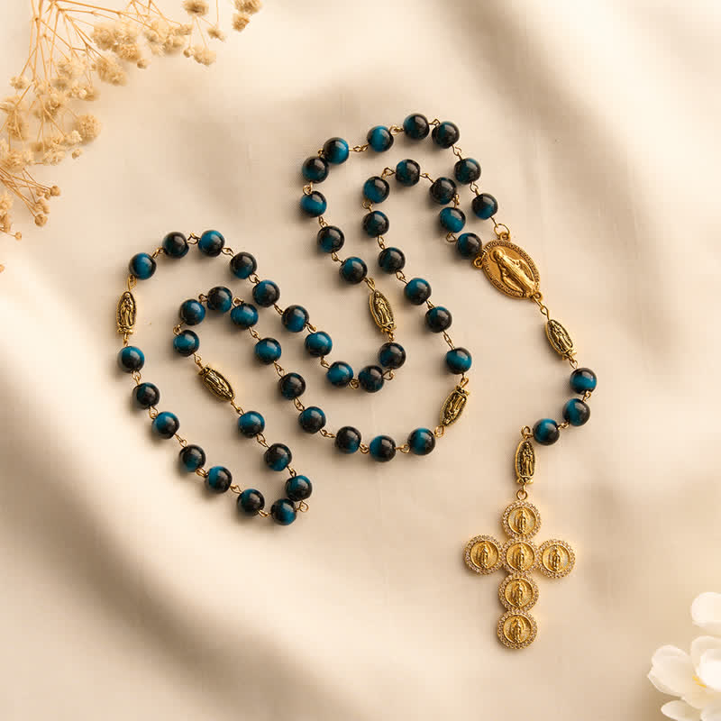 Deep Blue Tiger Eye Prayer Rosary with Our Lady of Guadalupe Medallions