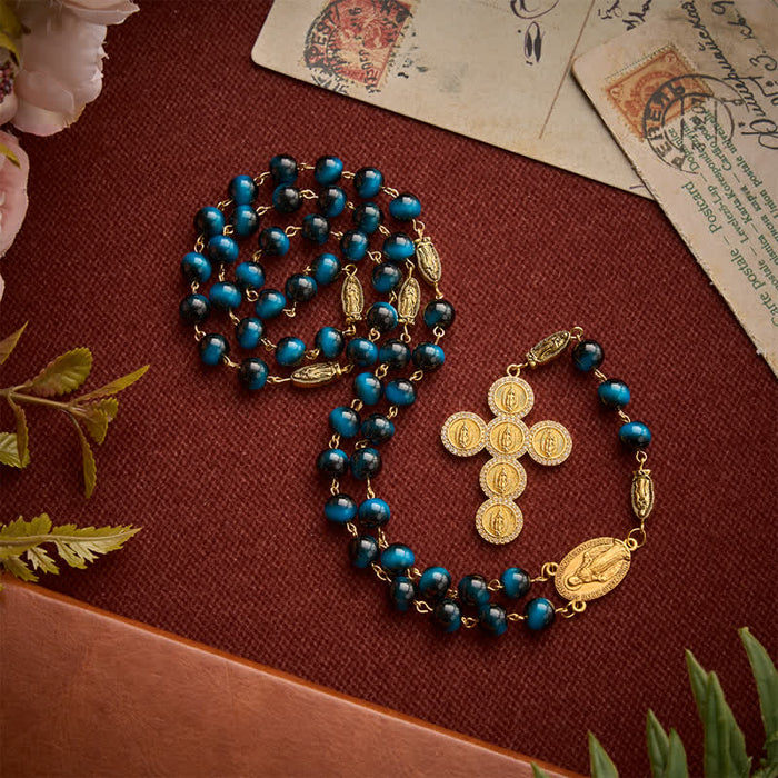 Deep Blue Tiger Eye Prayer Rosary with Our Lady of Guadalupe Medallions