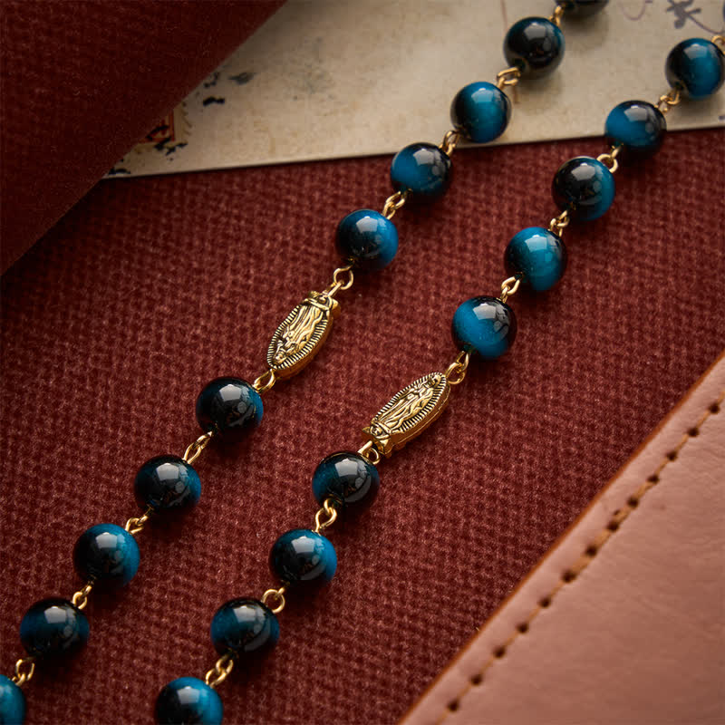 Deep Blue Tiger Eye Prayer Rosary with Our Lady of Guadalupe Medallions