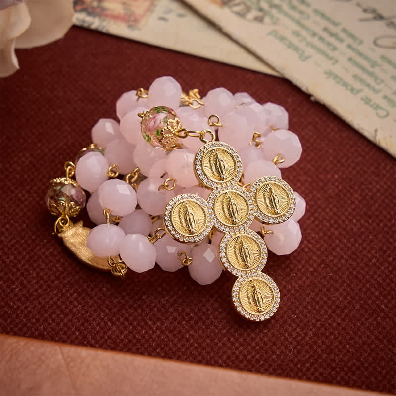 Pale Pink Faceted Jade Glass Rosary With Personalized Letter Beads & Floral Accents