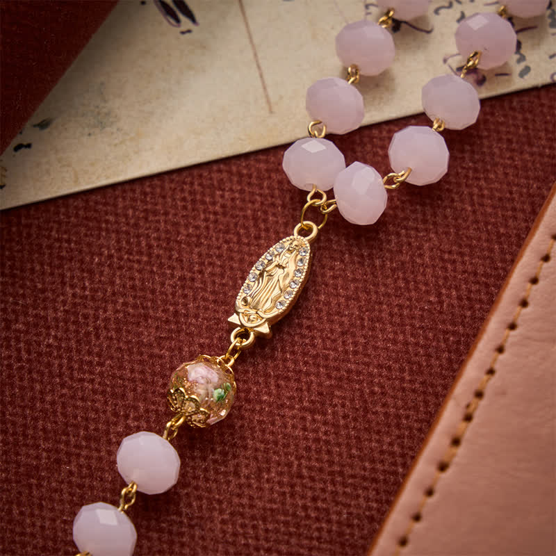 Pale Pink Faceted Jade Glass Rosary With Personalized Letter Beads & Floral Accents