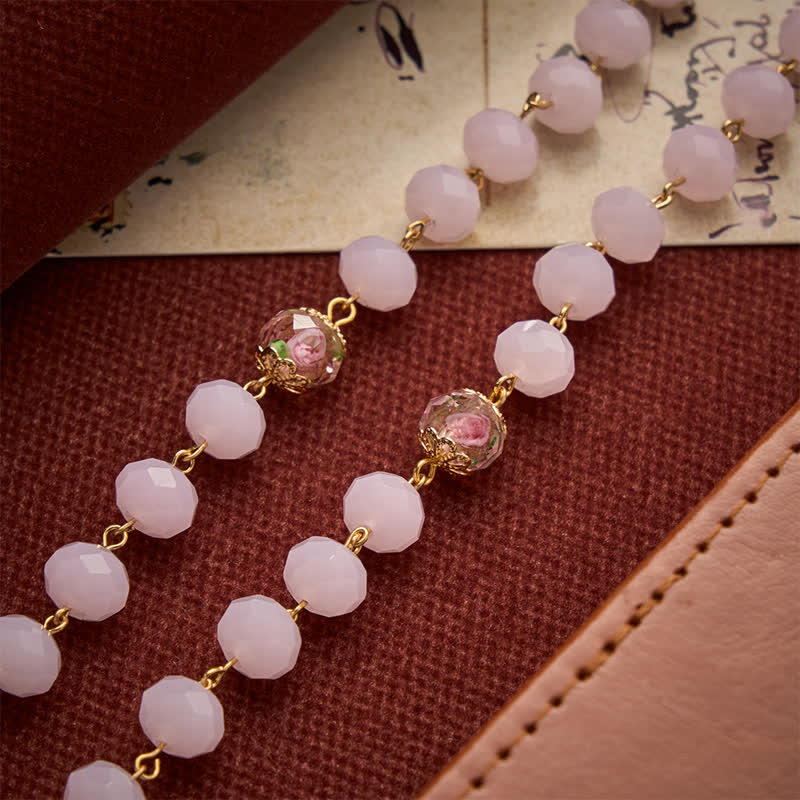 Pale Pink Faceted Jade Glass Rosary With Personalized Letter Beads & Floral Accents