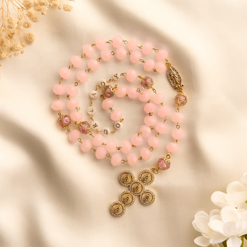 Pale Pink Faceted Jade Glass Rosary With Personalized Letter Beads & Floral Accents