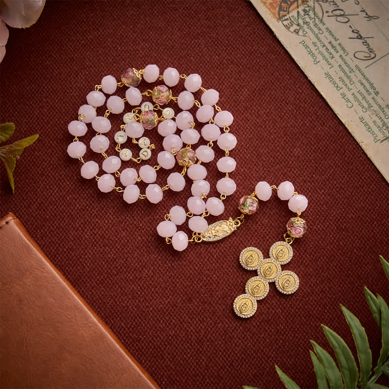 Pale Pink Faceted Jade Glass Rosary With Personalized Letter Beads & Floral Accents