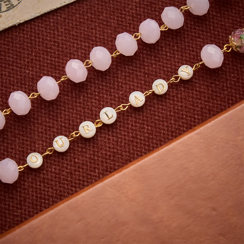 Pale Pink Faceted Jade Glass Rosary With Personalized Letter Beads & Floral Accents