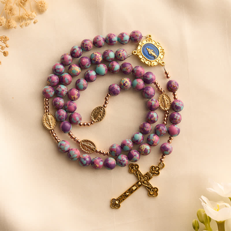 Purple Turquoise Mosaic Bead Rosary With Enamel Marian Medal: Emblem of Timeless Heavenly Mercy