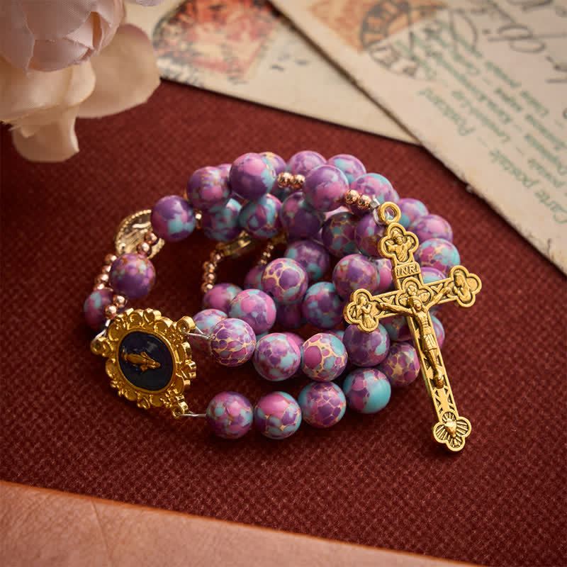 Purple Turquoise Mosaic Bead Rosary With Enamel Marian Medal: Emblem of Timeless Heavenly Mercy