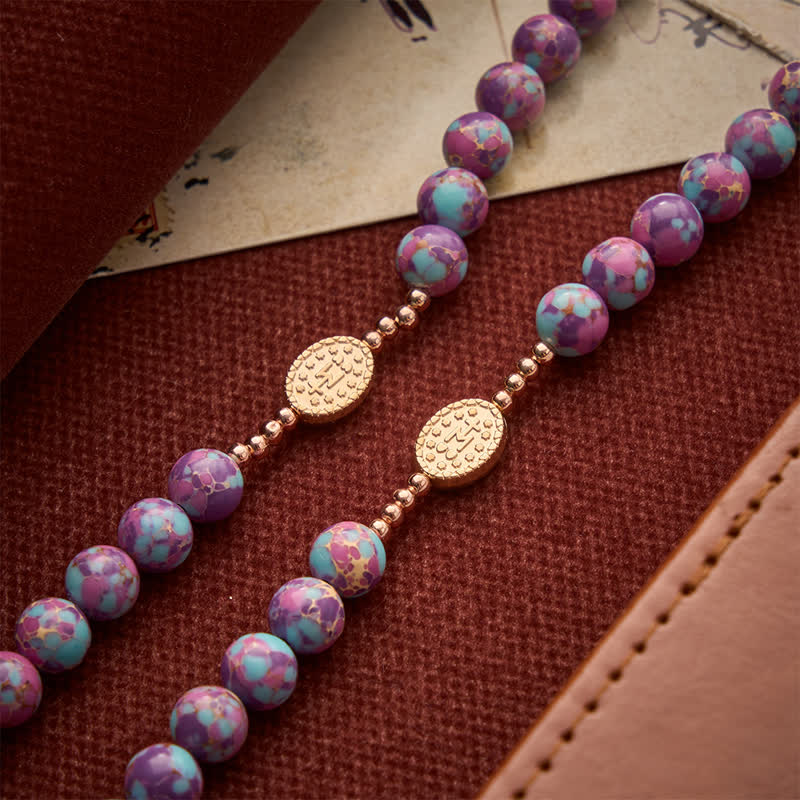 Purple Turquoise Mosaic Bead Rosary With Enamel Marian Medal: Emblem of Timeless Heavenly Mercy