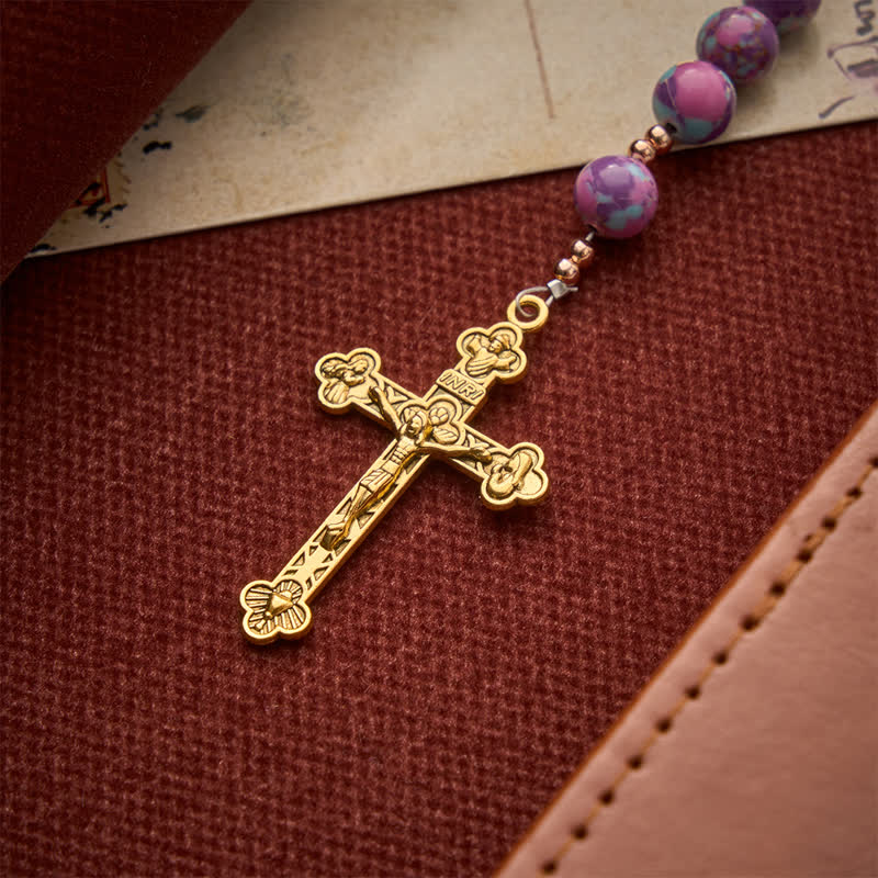 Purple Turquoise Mosaic Bead Rosary With Enamel Marian Medal: Emblem of Timeless Heavenly Mercy