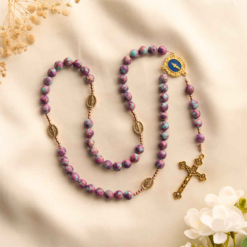 Purple Turquoise Mosaic Bead Rosary With Enamel Marian Medal: Emblem of Timeless Heavenly Mercy
