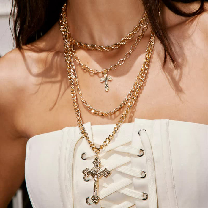 Ornate Vintage Crucifix Stacked Chain Necklace