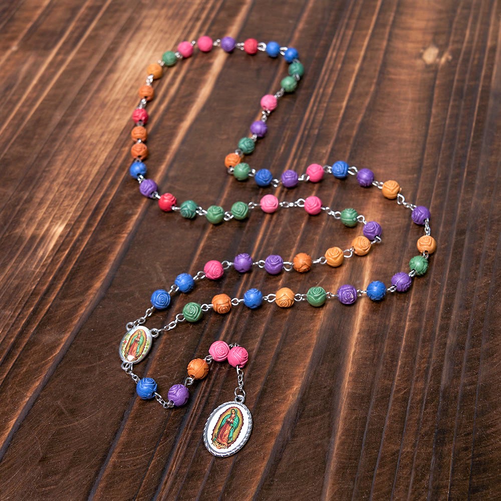 Our Lady of Guadalupe & Crucifix of 8 mm Rose Multicolor Resin Alloy Chain Rosary