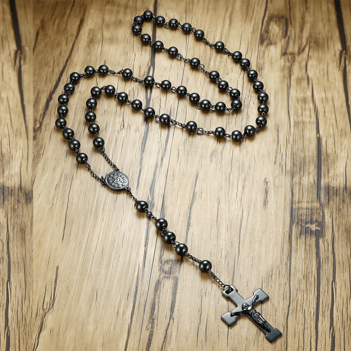 Our Lady of Grace & Crucifix of 8 mm Round Black Steel Ball Alloy Chain Rosary