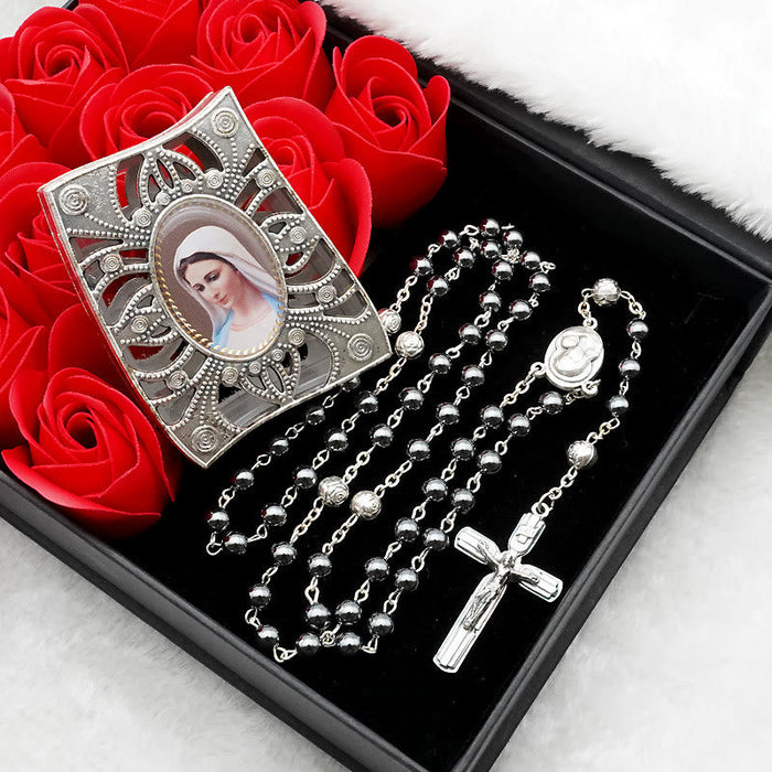 Hematite Rosary with Blessed Virgin Mary Medal