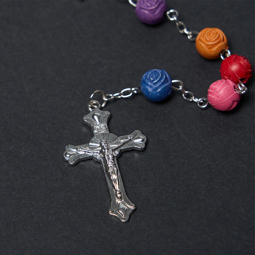 Our Lady of Guadalupe & Crucifix of 8 mm Rose Multicolor Resin Alloy Chain Rosary