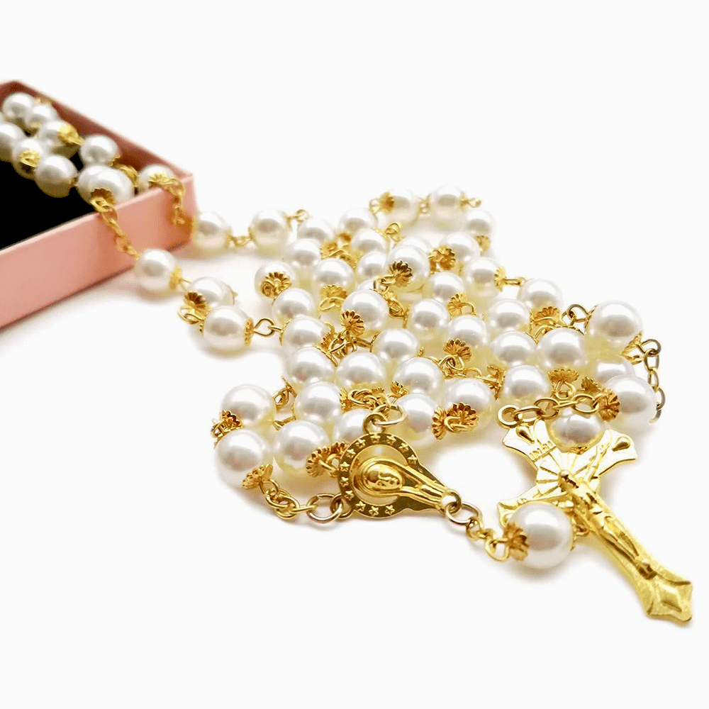White Pearl Beads Catholic Blessing Rosary