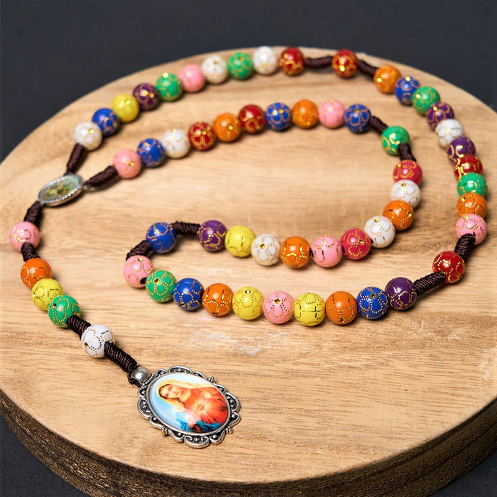 Our Lady of Mercy & Crucifix of 8 mm Round Multicolor Acrylic Nylon Cord Rosary