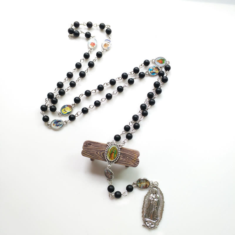 Our Lady of Guadalupe of 6 mm Round Black Agate Alloy Chain Rosary