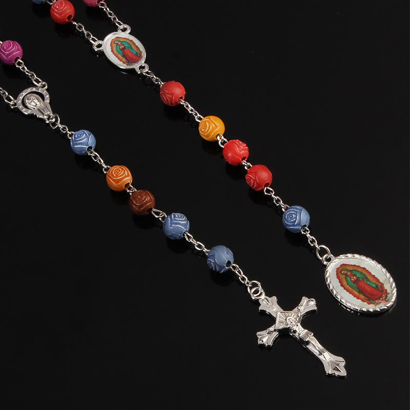Our Lady of Guadalupe & Crucifix of 8 mm Rose Multicolor Resin Alloy Chain Rosary