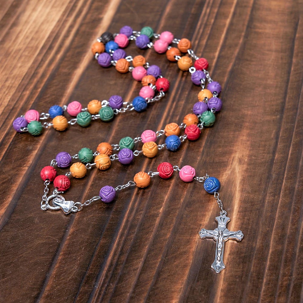 Our Lady of Guadalupe & Crucifix of 8 mm Rose Multicolor Resin Alloy Chain Rosary