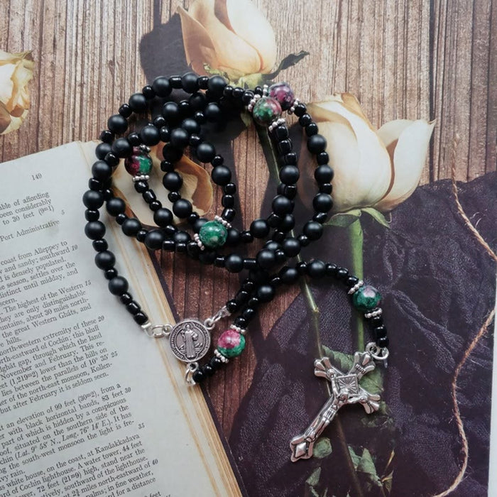 St. Benedict Medal & Crucifix of 8 mm Round Black Multi-material Nylon Cord Rosary